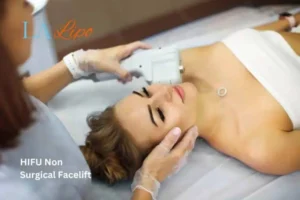 Woman having Hi-Fu to reduce wrinkles Bedfordshire.