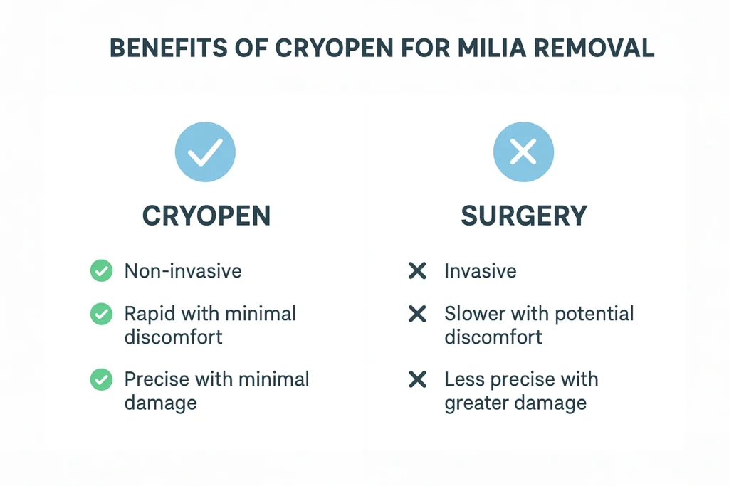 Benefits of cryopen for milia removal Bedfordshire compared to surgical treatments.