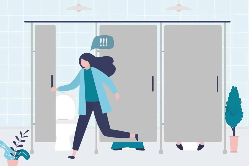 graphic of Urine incontinence Bedfordshire woman running to the toilet.