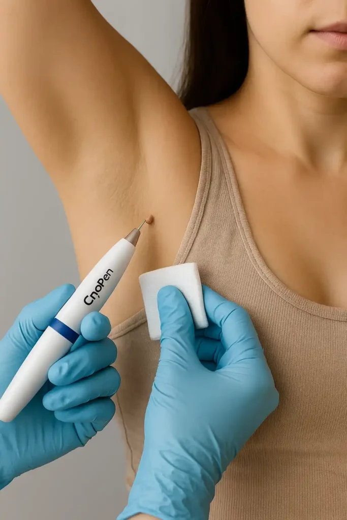 woman having cryopen to remove underarm skin tags Bedfordshire