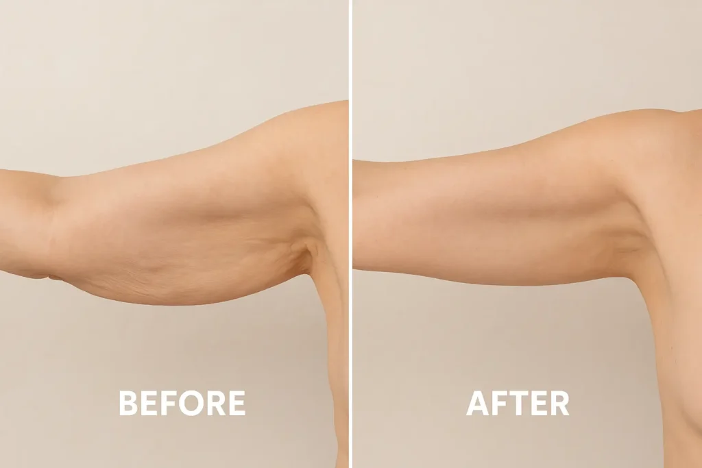 Picture of LA LIPO Bedfordshire before and after results of skin tightening treatment on the upper arms.