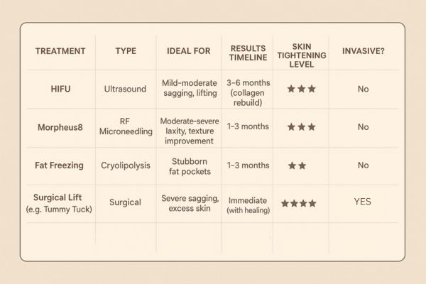 Table showing the comparisons of Skin tightening Bedfordshire treatment options.